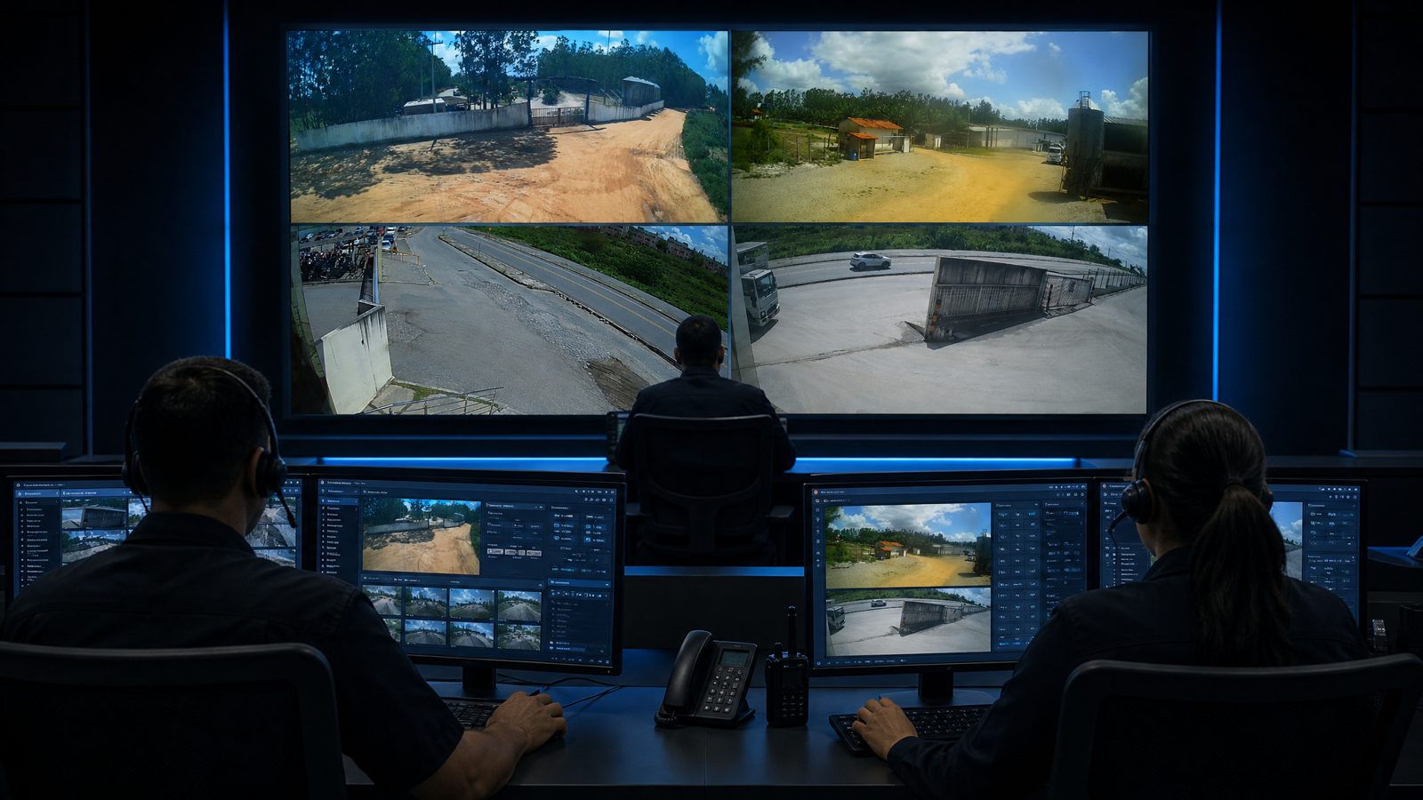 Sala de monitoramento 24h: operadores e supervisor acompanhando o video wall com as câmeras reais das unidades